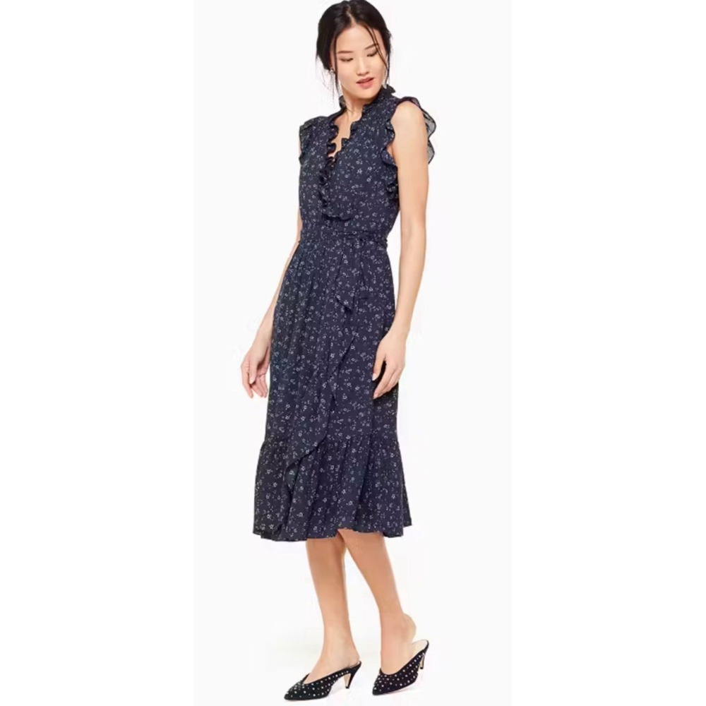 Kate Spade Blue Out West Wild Roses Ruffle Wrap Midi Dress MSRP $398 Women's 0
